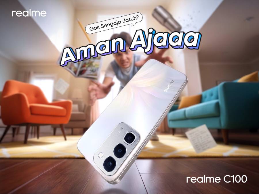 realme C100 hadir untuk anak muda dengan baterai 8000mAh, IP69 Pro, MIL-STD-810H, dan desain tahan banting untuk aktivitas seharian.