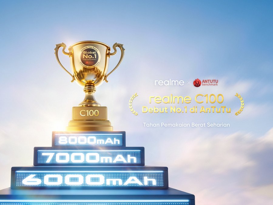 realme C100 siap hadir di Indonesia dengan baterai 8000mAh, AI Power Saving, dan sertifikasi AnTuTu untuk penggunaan berat seharian.