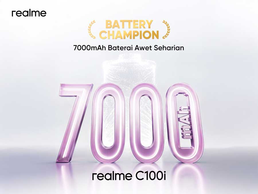 realme C100i hadir dengan baterai 7000mAh, desain stylish, dan performa lancar, cocok untuk anak muda aktif dengan aktivitas padat dan multitasking harian.