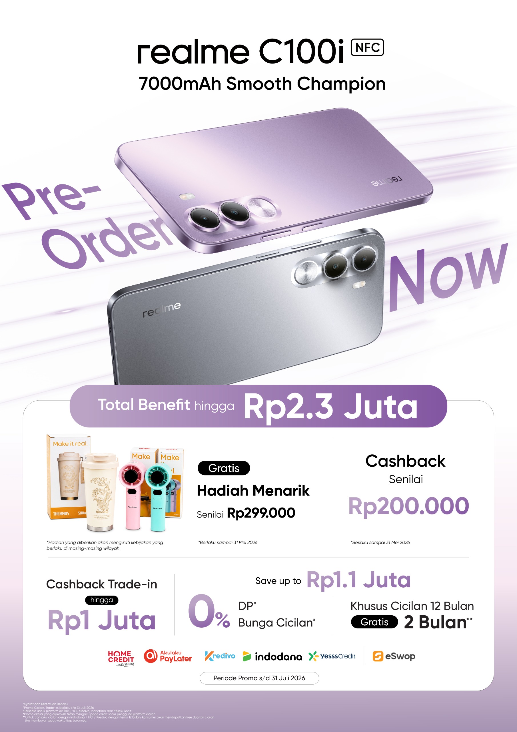 realme C100i hadir dengan baterai 7000mAh, desain stylish, dan performa lancar, cocok untuk anak muda aktif dengan aktivitas padat dan multitasking harian.