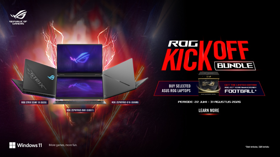 ASUS ROG menghadirkan promo ROG Kick Off Bundle dengan bonus Limited Edition ROG 20th Year Anniversary Football, pembelian laptop tertentu.
