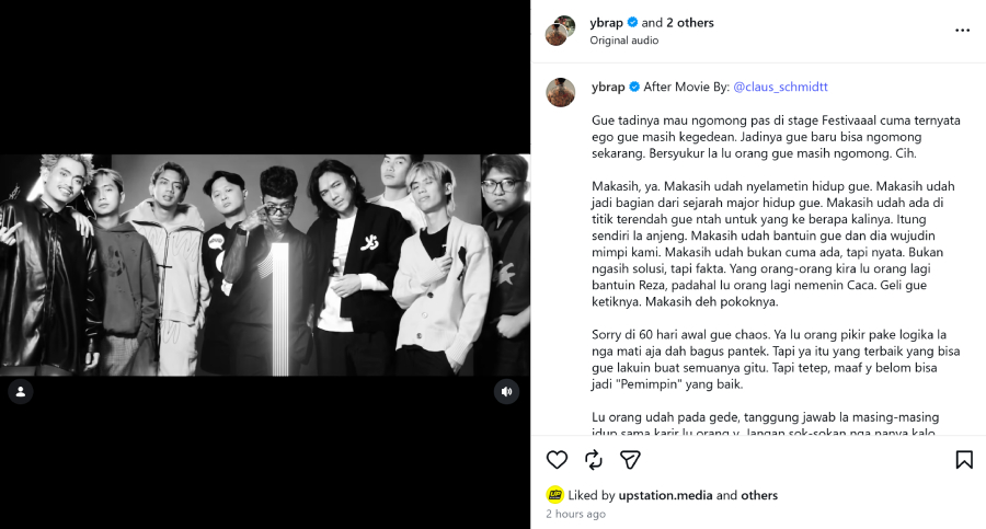YB menyampaikan pesan emosional untuk tim yang mendampinginya melewati masa sulit dan membantu mewujudkan mimpi besar di panggung festival.