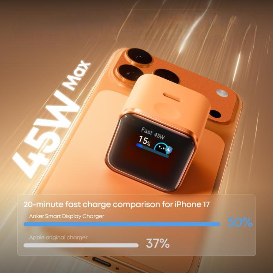 Anker Nano 45W Smart Display Charger hadir dengan pengisian cepat, Care Mode, layar pintar, dan desain ringkas untuk menjaga baterai awet.