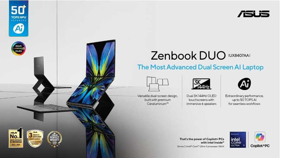 ASUS Zenbook DUO 2026 dengan dua layar OLED 3K 144Hz, Intel Core Ultra, fitur AI, baterai 99Wh, dan desain ringkas. ASUS Zenbook DUO Laptop Dua Layar Premium.