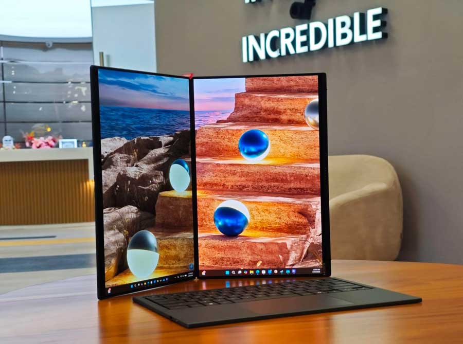 ASUS Zenbook DUO 2026 dengan dua layar OLED 3K 144Hz, Intel Core Ultra, fitur AI, baterai 99Wh, dan desain ringkas. ASUS Zenbook DUO Laptop Dua Layar Premium.