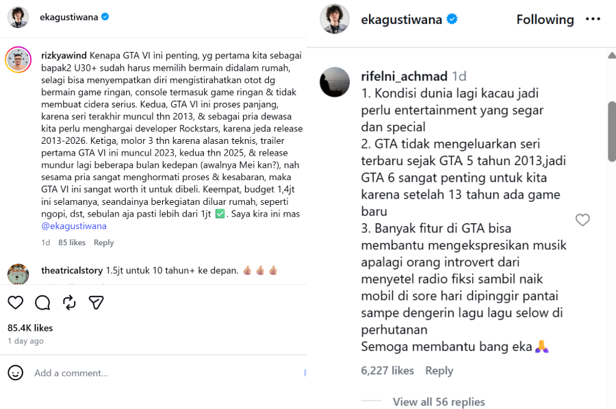 Unggahan Eka Gustiwana soal pre-order GTA VI viral karena netizen ramai membantu memberi alasan masuk akal untuk istri.