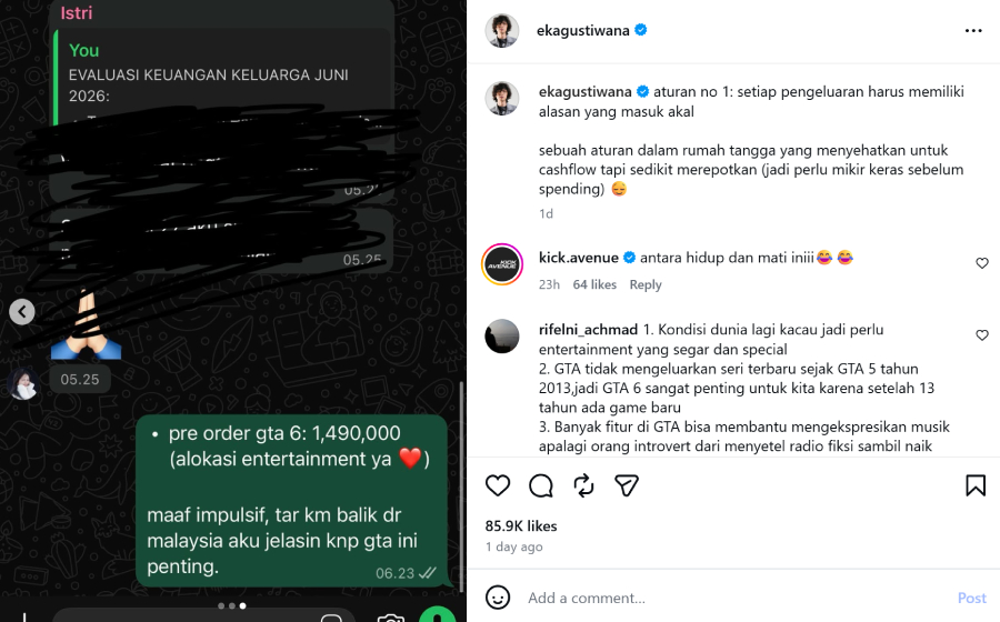 Unggahan Eka Gustiwana soal pre-order GTA VI viral karena netizen ramai membantu memberi alasan masuk akal untuk istri.