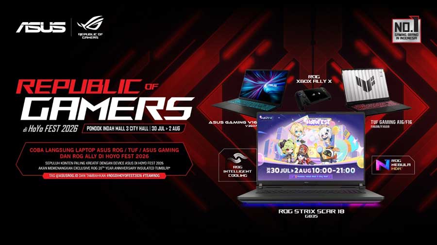 ASUS ROG hadir di HoYo FEST 2026 Indonesia dengan laptop gaming, handheld ROG Xbox Ally X, area bermain, dan aktivitas berhadiah.