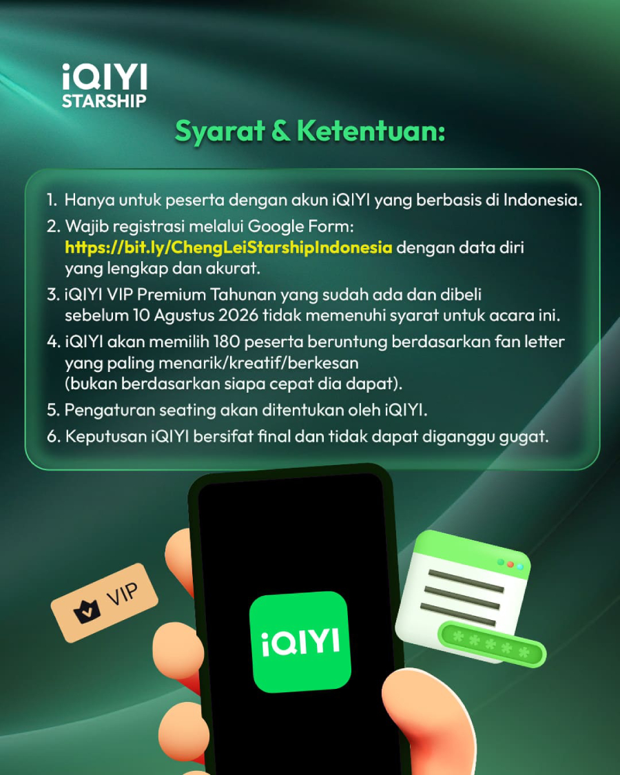 Cheng Lei akan hadir di iQIYI Starship 2026 Jakarta pada 12 September. Simak cara mendapatkan kesempatan eksklusif bertemu sang aktor.