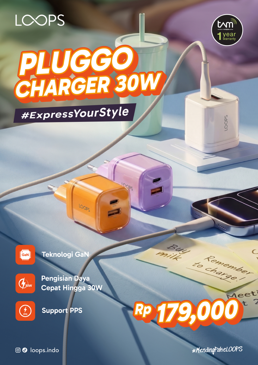 LOOPS Pluggo Charger 30W hadir dengan teknologi GaN, fast charging 30W, dual port USB-C dan USB-A, serta desain compact dan stylish.