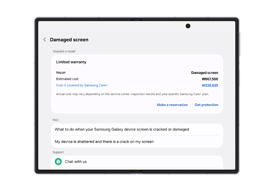 Fitur Warranty and care di One UI 9 memudahkan pengguna Galaxy Z Series mengecek garansi, diagnostik, hingga mengajukan perbaikan.