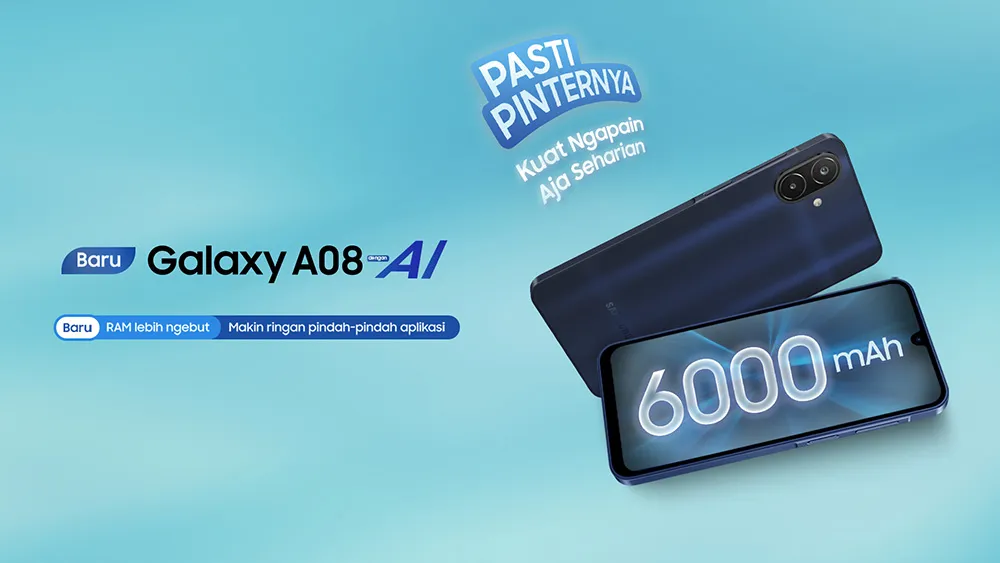 Samsung Galaxy A08 resmi hadir dengan baterai 6.000 mAh, Helio G99+, fitur AI, IP64, serta update OS dan keamanan hingga enam tahun.
