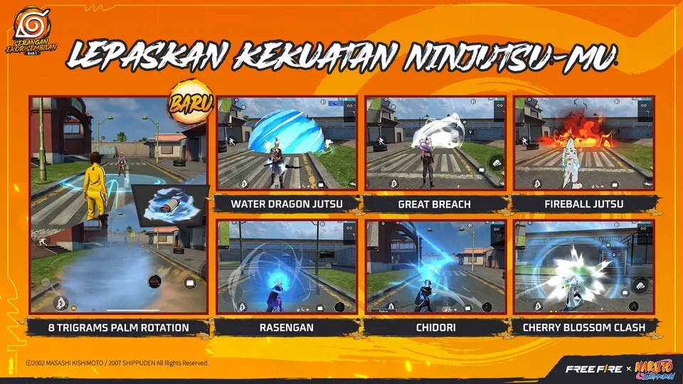 Free Fire x Naruto Shippuden kembali 16 September 2026 dengan Akademi Ninja, Hinata Hyuga, Rubah Ekor Sembilan, dan berbagai hadiah gratis.
