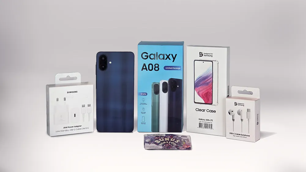 Samsung Galaxy A08 resmi hadir dengan baterai 6.000 mAh, Helio G99+, fitur AI, IP64, serta update OS dan keamanan hingga enam tahun.