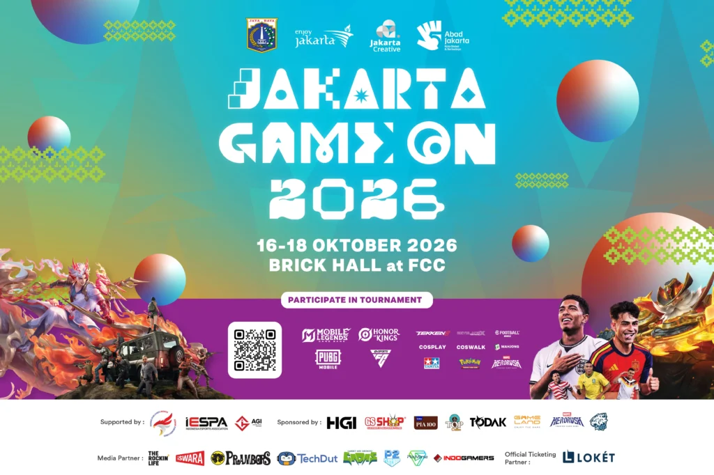 Jakarta Game On 2026 digelar gratis pada 16–18 Oktober di Jakarta Selatan, dengan kompetisi berhadiah Rp92,5 juta dan hiburan menarik.