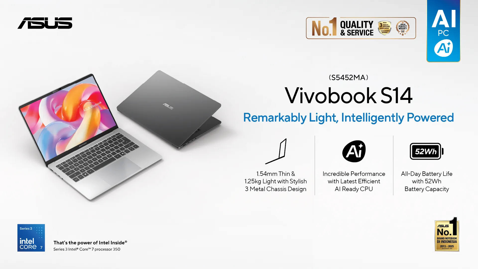 ASUS Vivobook S14 terbaru hadir dengan Intel Core 7 Series 3, baterai lebih dari 20 jam, layar IPS 16:10, dan bobot hanya 1,2 kg.