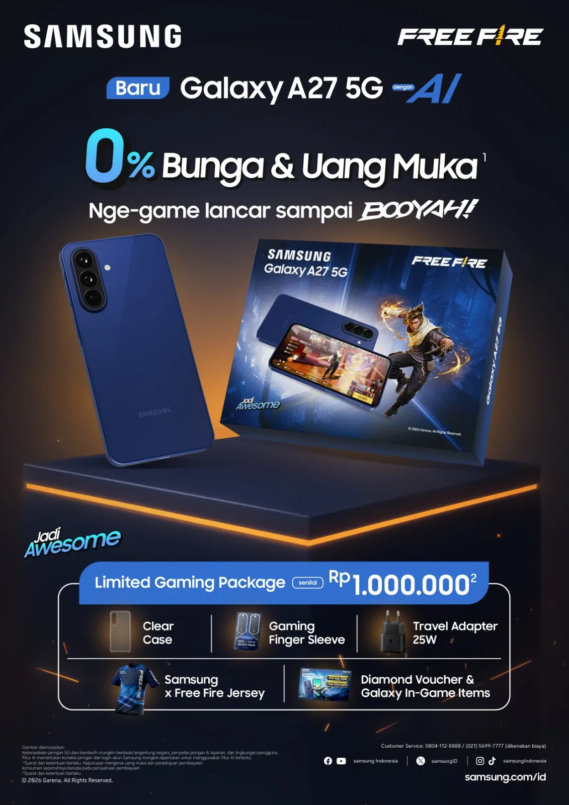 Galaxy A27 5G Gaming Package hadir dengan bonus hingga Rp1 juta, Snapdragon 6 Gen 3, layar 120Hz, serta item eksklusif Free Fire.