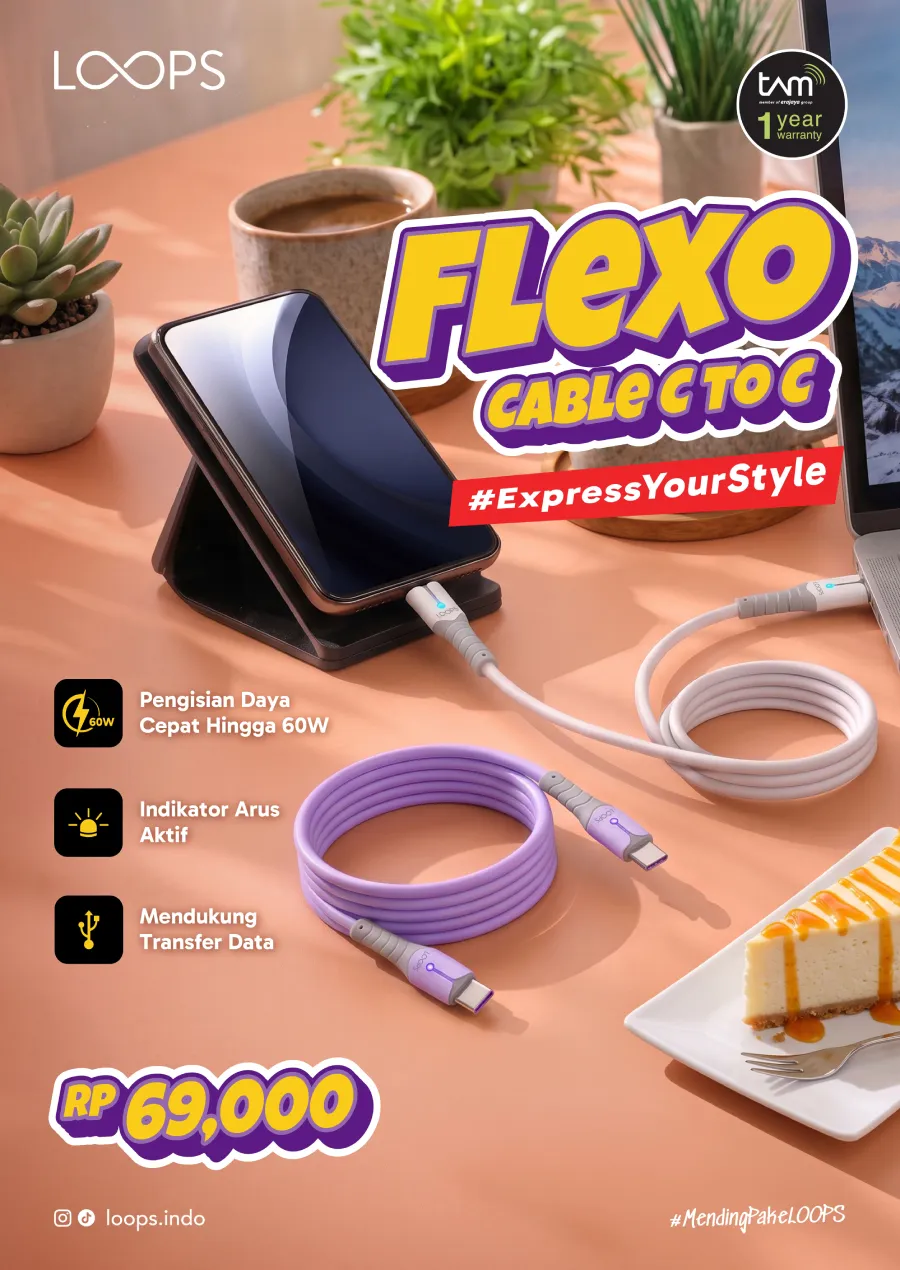 LOOPS Cable Flexo hadir dengan indikator arus aktif, pengisian hingga 60W, transfer data, serta desain praktis dalam dua pilihan warna.