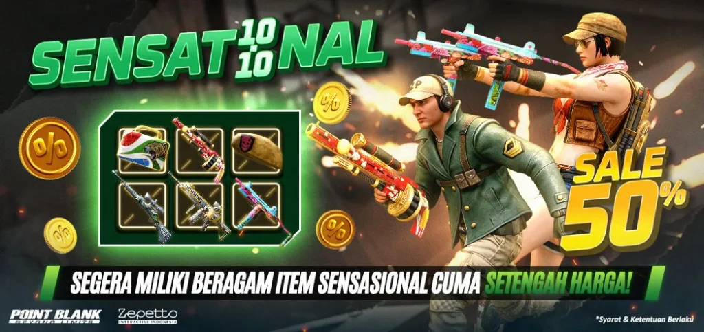 Point Blank menghadirkan promo 10.10 dengan diskon 50% untuk item 30 hari serta koleksi senjata eksklusif PBNC XVII hingga 26 Oktober 2026.
