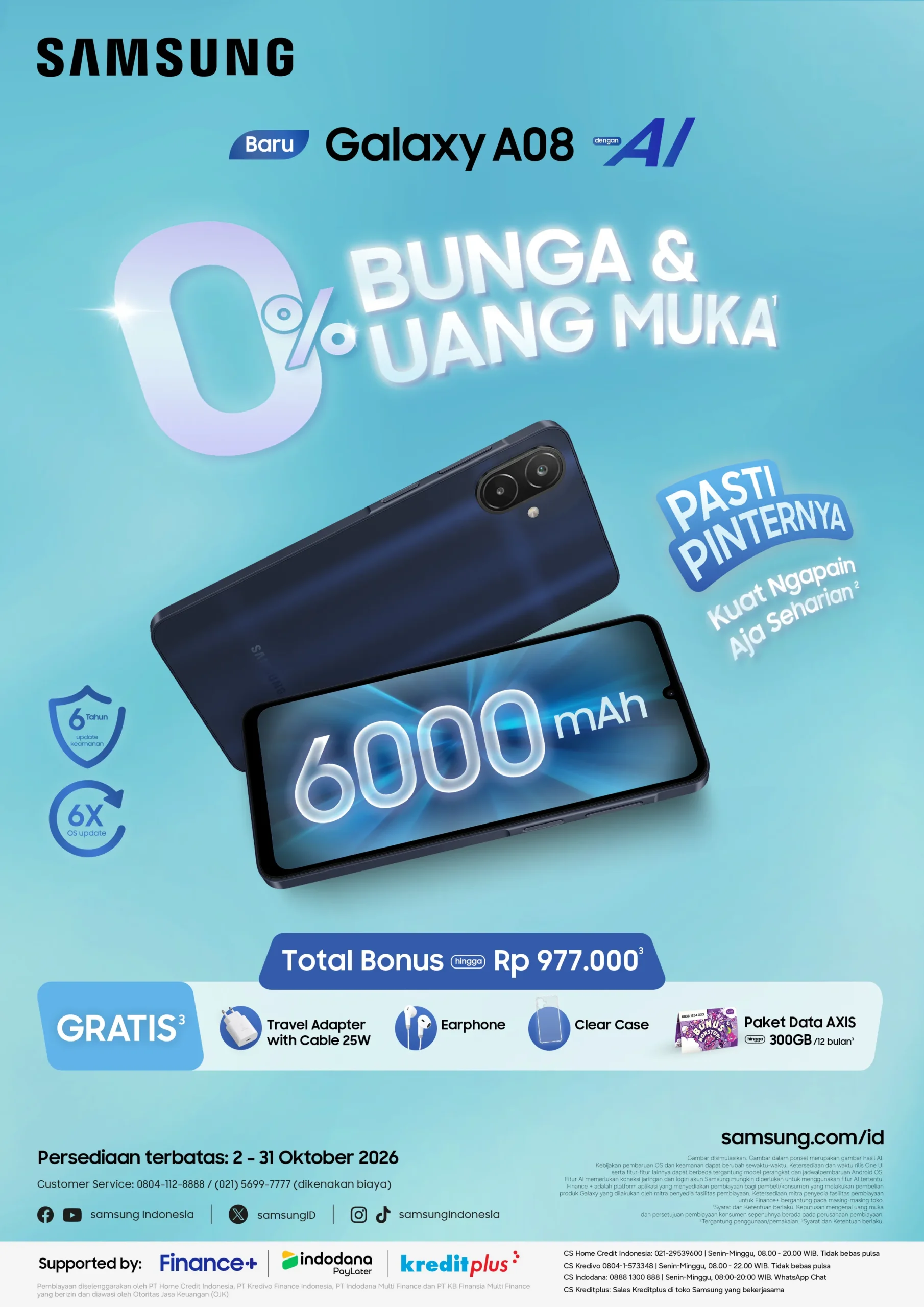 Samsung Galaxy A08 hadir di Indonesia dengan baterai 6.000mAh, Helio G99+, fitur AI, serta dukungan pembaruan hingga enam tahun.
